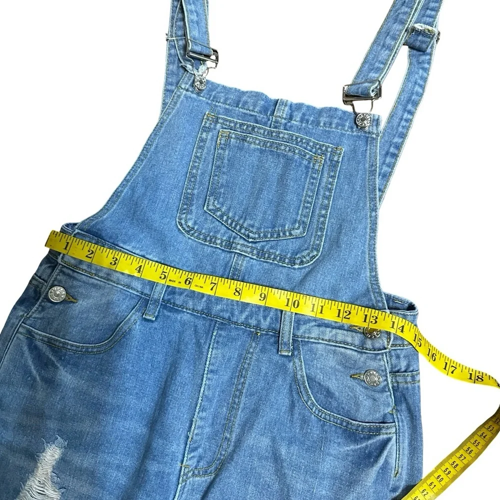 Blue Denim Overalls Bibs Size Small Cotton Blend Distressed Ripped Straight Leg